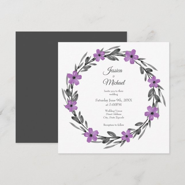 Plum Mauve Gray Black Watercolor Floral Wreath Invitation (Front/Back)