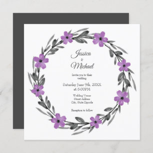 Plum Mauve Gray Black Watercolor Floral Wreath Invitation