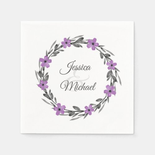 Plum Mauve Gray Black Watercolor Floral Wreath Napkins