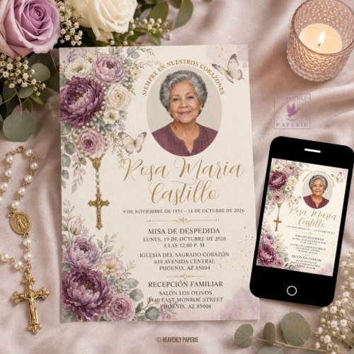 Plum Mauve & Ivory Floral Photo Catholic Funeral Invitation