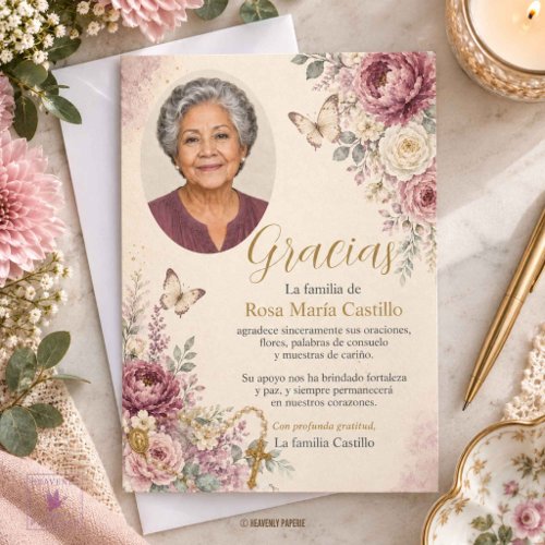 Plum Mauve & Ivory Floral Photo Catholic Funeral Thank You Card