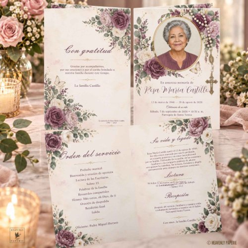Plum Mauve Ivory Floral Photo Catholic Memorial  Program