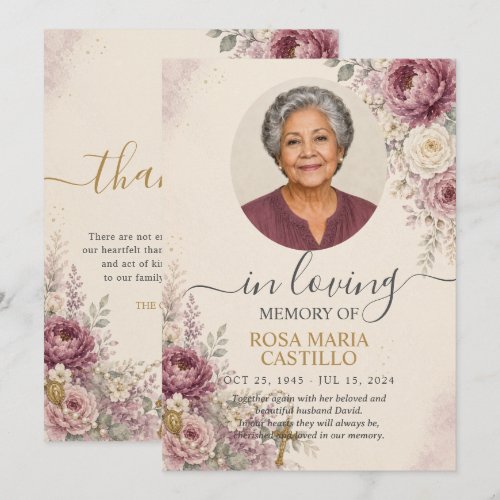 Plum Mauve Ivory Floral Photo Catholic Memorial Thank You Card