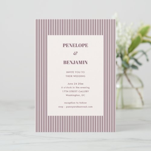 Plum Mauve Stripe Classic Bold Typography Wedding Invitation