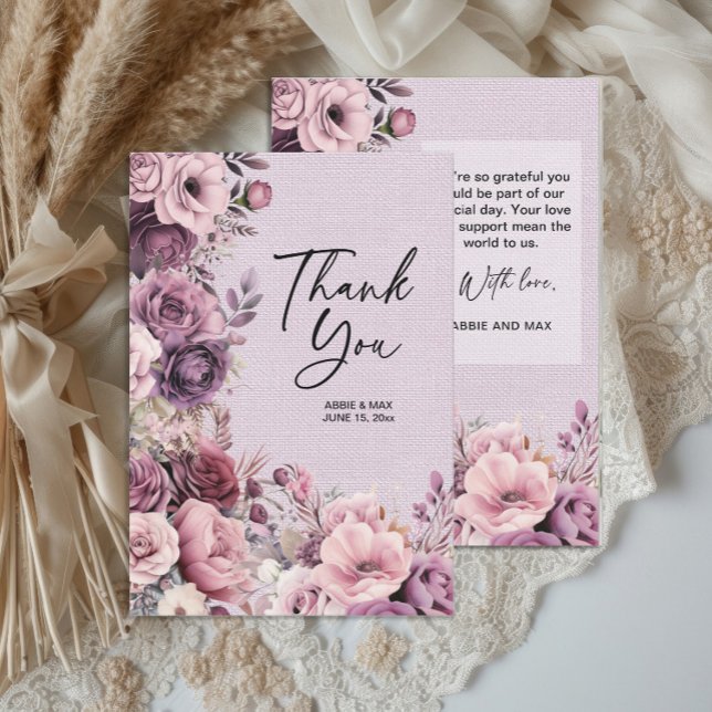 Plum Mauve Watercolor Floral Wedding Thank You (Elegant mauve and plum watercolor floral wedding thank you card)