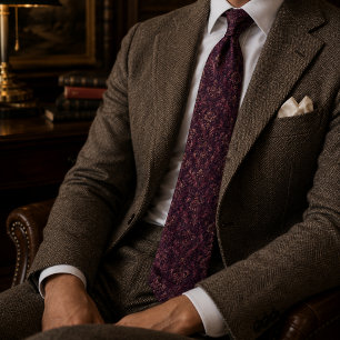 Plum Merlot Old Money Damask Baroque Pattern Neck Tie