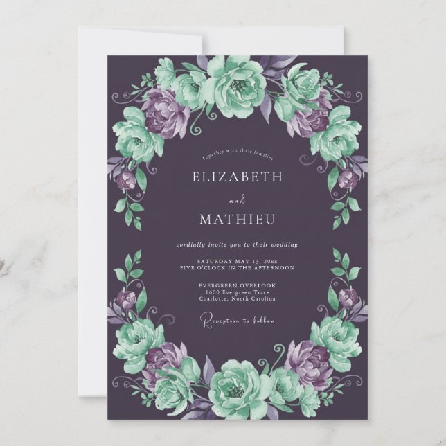 Plum Mint Ranunculus Eucalyptus Wedding Invitation (Front)
