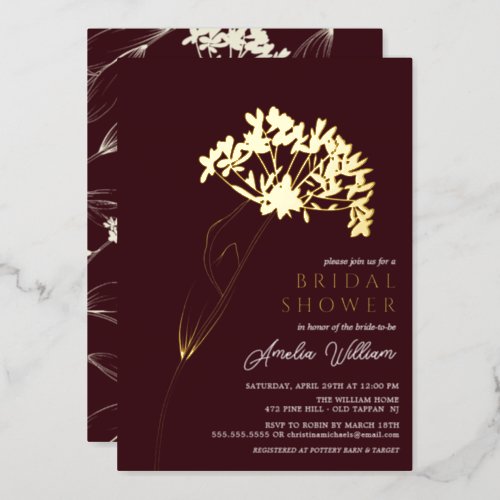 Plum Modern Floral Bridal Shower Foil Invitation