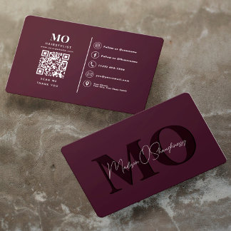 Plum Modern Minimalist Monogram Professional QR Business Card