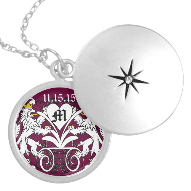Plum Monogram Lion Rampant Wedding Necklace (Front)