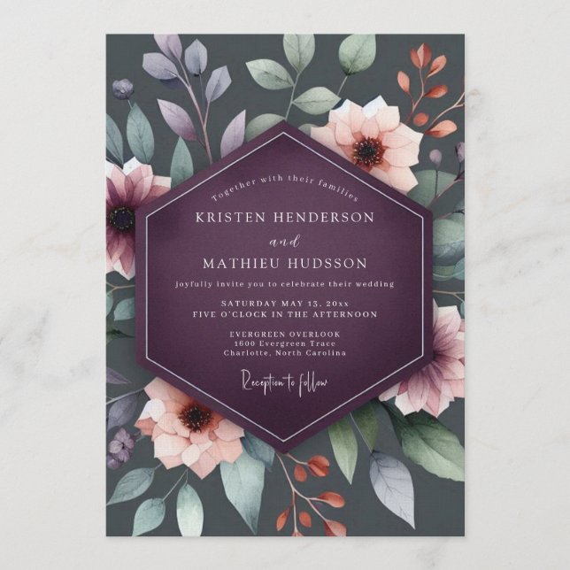 Plum Moody Botanical Autumn Wedding Invitation (Front)