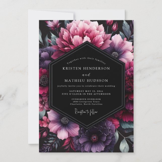 Plum Moody Flora Wedding Invitation (Front)