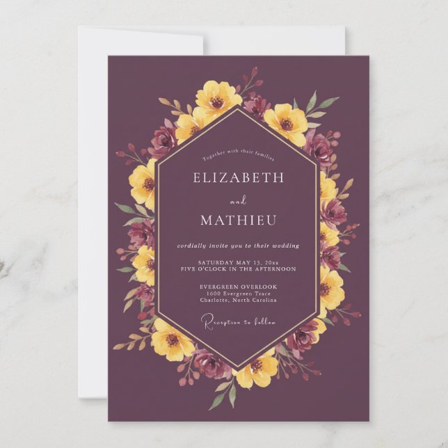 Plum Moody Floral Autumn Wedding Invitation (Front)