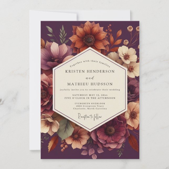 Plum Moody Floral Romance Wedding Invitation (Front)