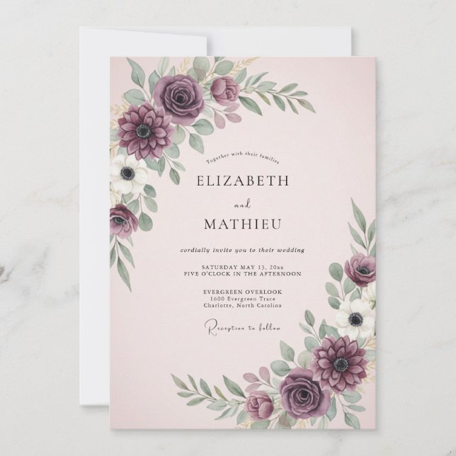 Plum Moody Floral Wedding Invitation (Front)