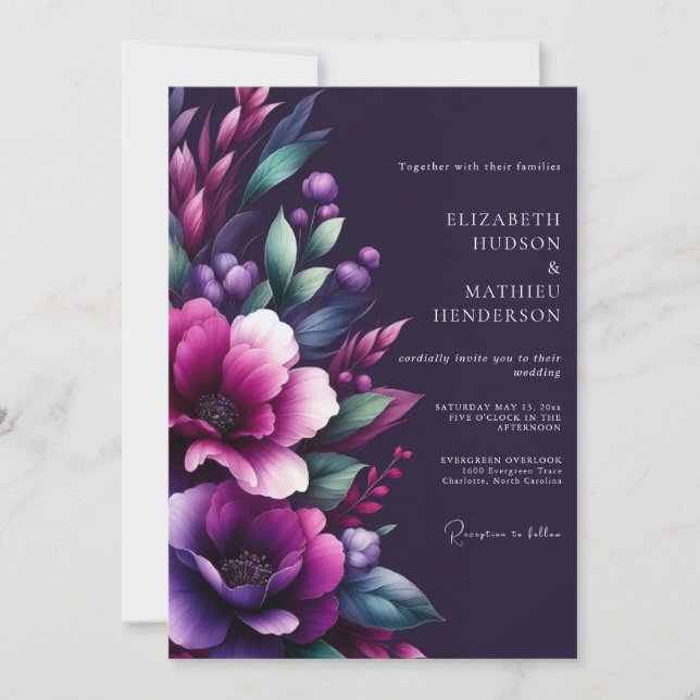 Plum Moody Floral Whimsy Wedding Invitation (Front)