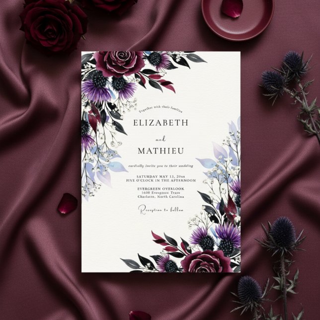 Plum Moody Thistle Winter Wedding Invitation (Creator Uploaded)
