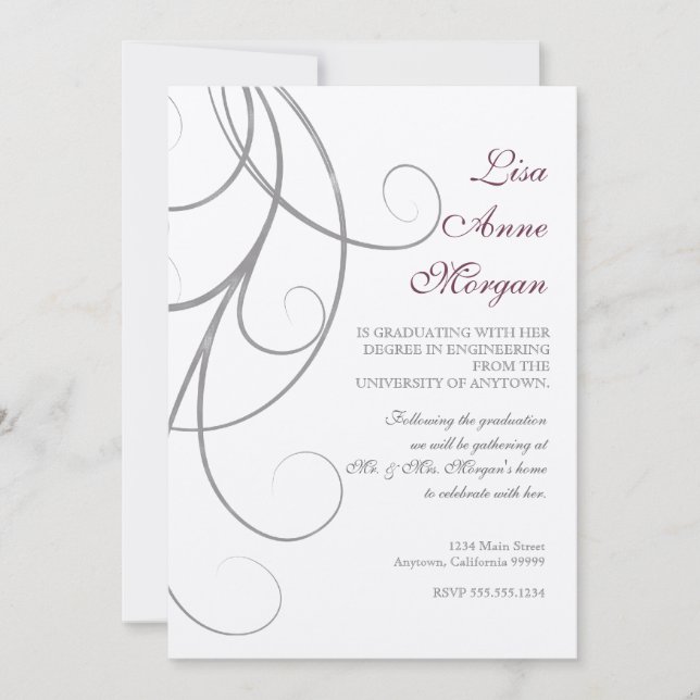Plum n Silver Leaf Swirl Damask 2 Graduation Invitation (Front)