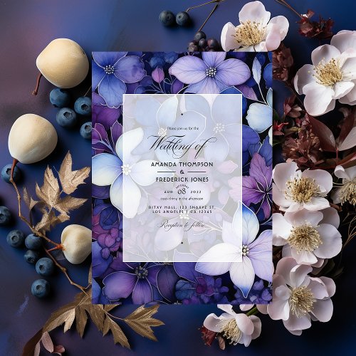 Plum Navy Blue and Silver Floral Wedding Invitation