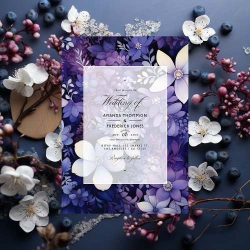 Plum Navy Blue and Silver Floral Winter Wedding Invitation