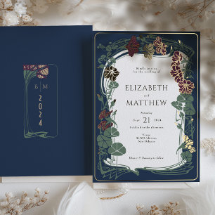 Plum Navy Blue Gold Floral Wedding Foil Invitation