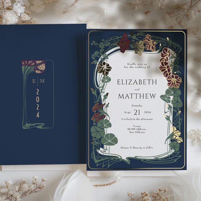Plum Navy Blue Gold Floral Wedding Foil Invitation | Zazzle