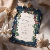 Plum Navy Blue Gold Floral Wedding Foil Invitation | Zazzle