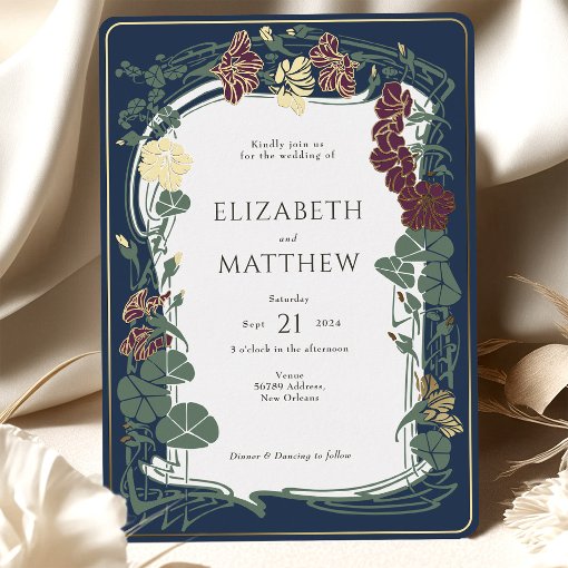 Plum Navy Blue Gold Floral Wedding Foil Invitation | Zazzle