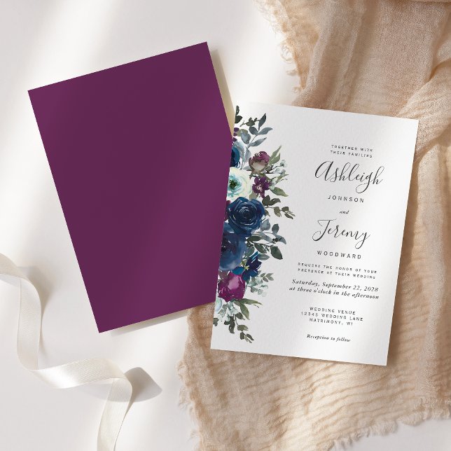Plum Navy Blue Watercolor Floral Wedding Invitation (Creator Uploaded)