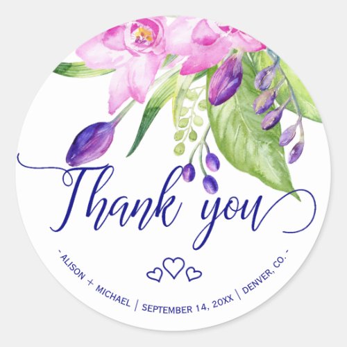 Plum navy pink summer floral wedding thank you classic round sticker