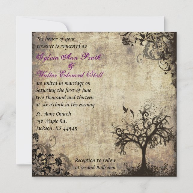 Plum New Life Vintage Wedding Invitation (Front)