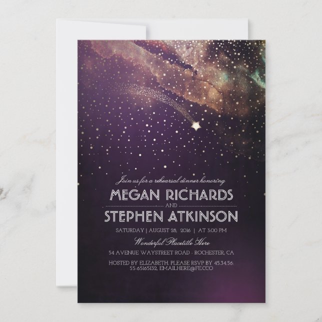 Plum Night Gold Shooting Star Rehearsal Dinner Invitation (Front)