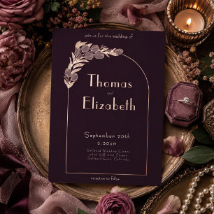 Plum Noir Art Nouveau Tulip Wedding Rose Gold Foil Invitation