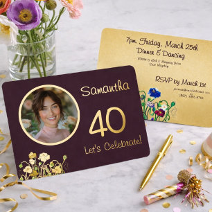Plum Noir Custom Photo 40th Birthday Gold Foil Invitation