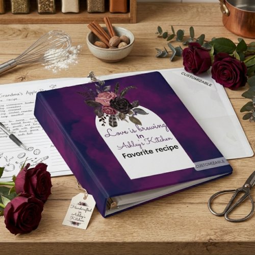 Plum Noir Gothic Floral Recipe  3 Ring Binder
