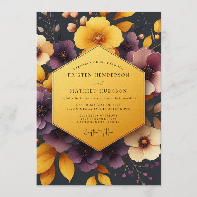 Plum & Ochre Autumnal Bloom Wedding Invitation (Front)