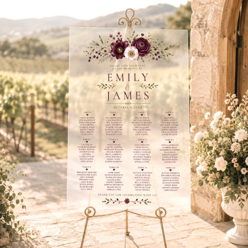 Plum Olive Botanical Acrylic Wedding Seating Chart
