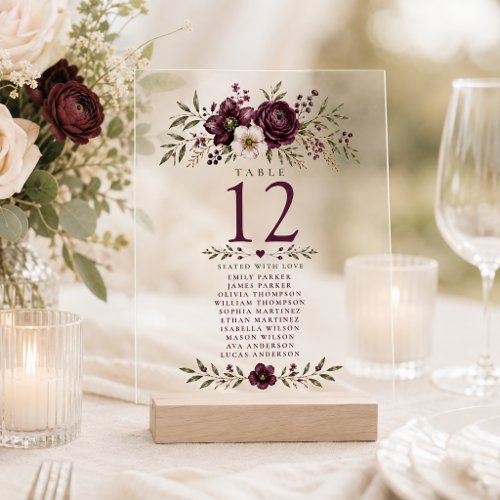 Plum Olive Botanical Wedding Acrylic Seating Chart Invitations