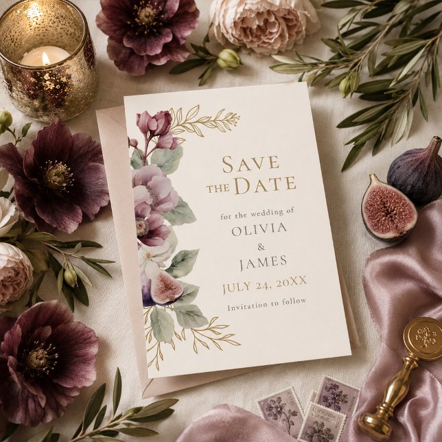 Plum & Olive Botanical Wedding Save the Date Invitation (Plum & Olive Botanical Wedding Save the Date Invitation)
