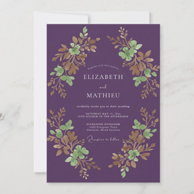 Plum Olive Foliage Eucalyptus Wedding Invitation (Front)