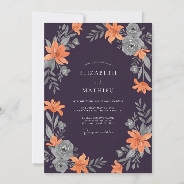 Plum Orange Lily Wedding Invitation (Front)
