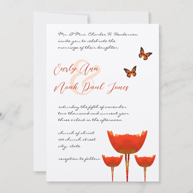 Plum Orange Poppies Butterflies Wedding Invitation (Front)