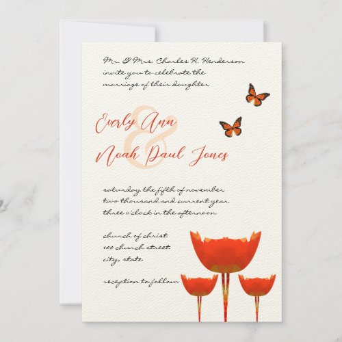 Plum Orange Poppies Butterflies Wedding Invitation