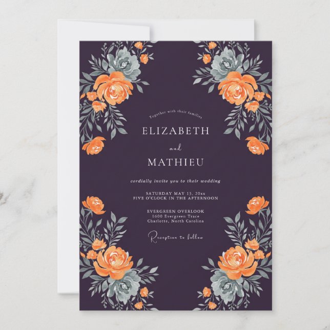 Plum Orange Silver Leafy Wedding Invitation (Front)