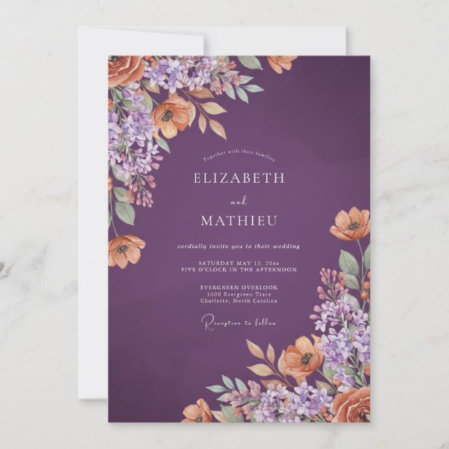 Plum Painterly Blossom Wedding Invitation (Front)