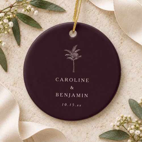 Plum Palm Tree Tropical Wedding Christmas Memory Ceramic Ornament