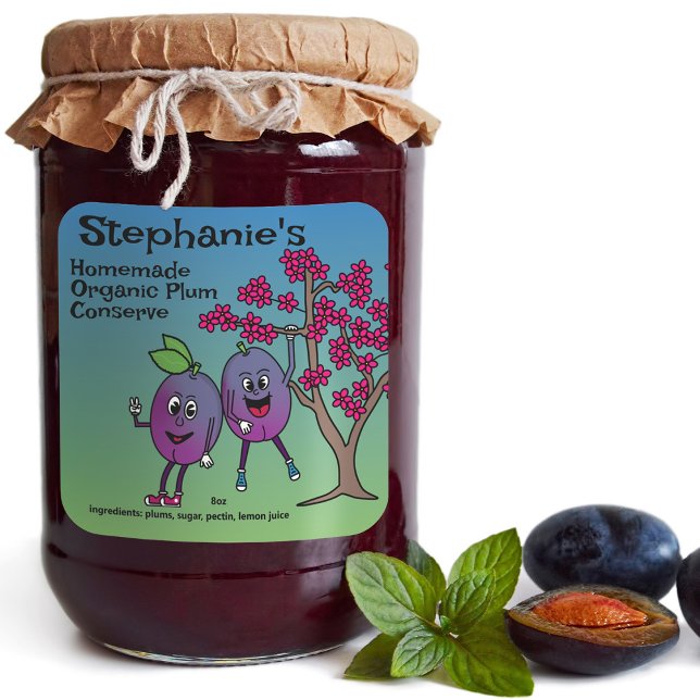 Plum Pals Funny Cartoon Preserves Tart and More Square Sticker (Creator Uploaded)