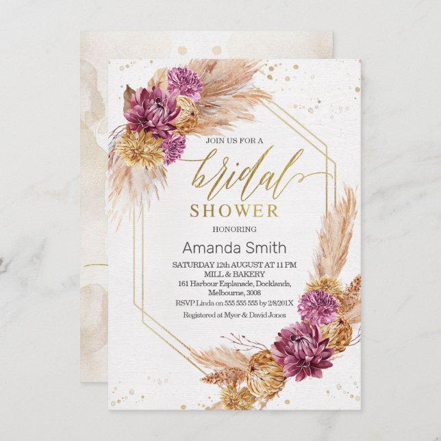 Plum Pampas Grass Boho Geometric Bridal Shower Invitation (Front/Back)