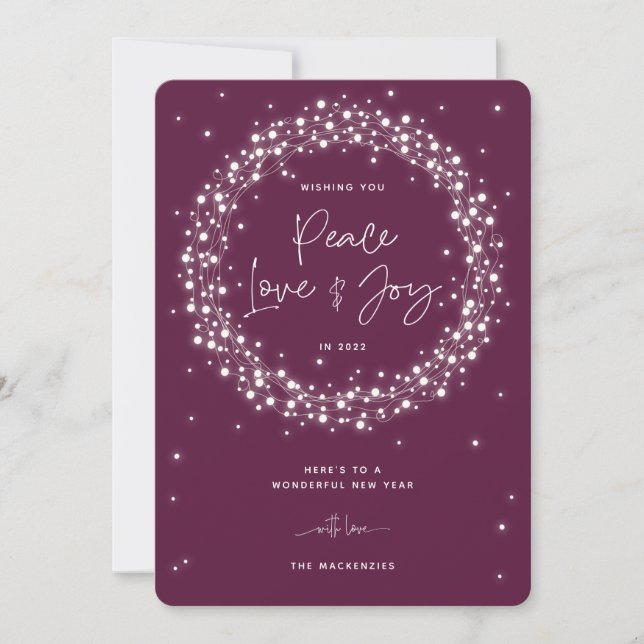 Plum Peace Love+Joy Sparkling Lights Christmas Holiday Card (Front)