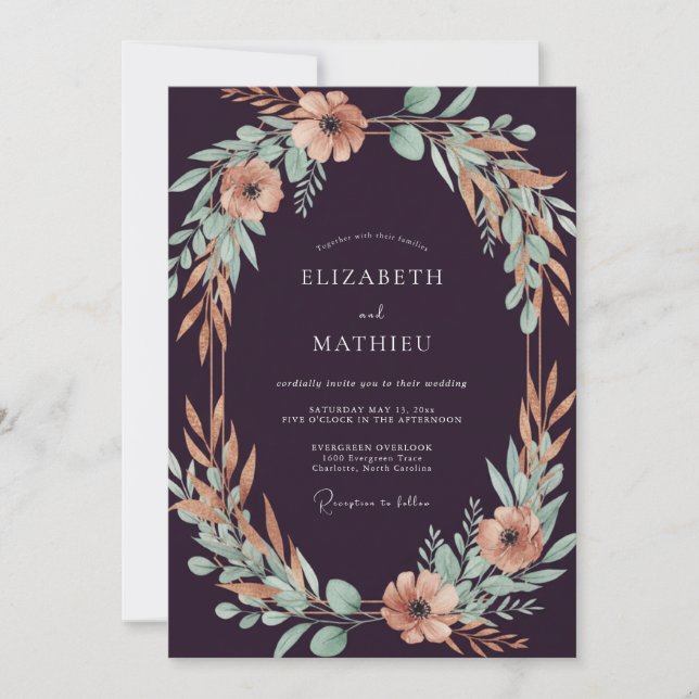 Plum Peach Leafy Wedding Invitation (Front)